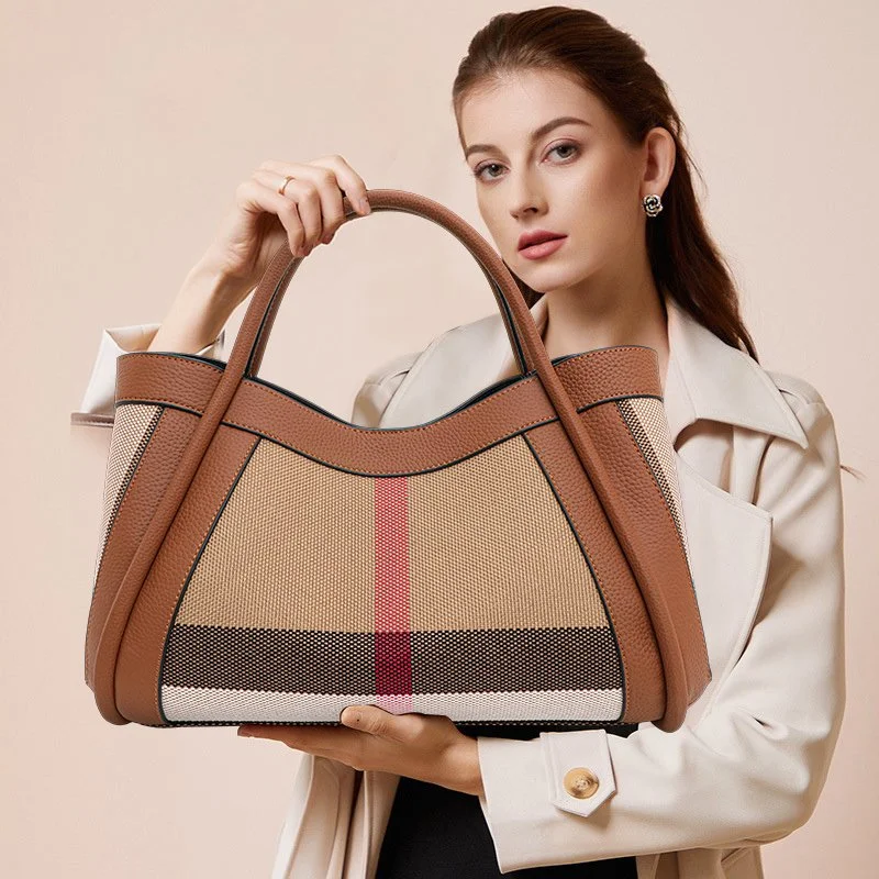 Retro Checkered Women's Handbag - Large Capacity Luxury Canvas & Leather Bag