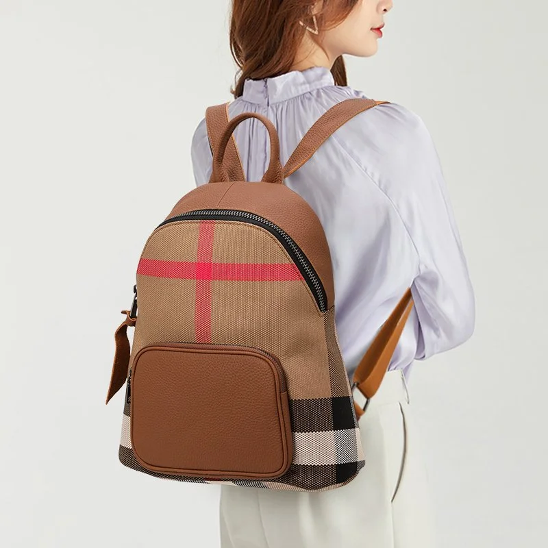 Trendy Plaid Genuine Leather Backpack for Women