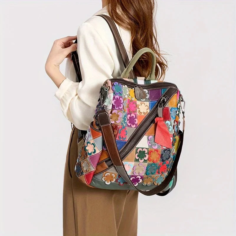 Spring Genuine Leather Color Splicing Backpack for Women