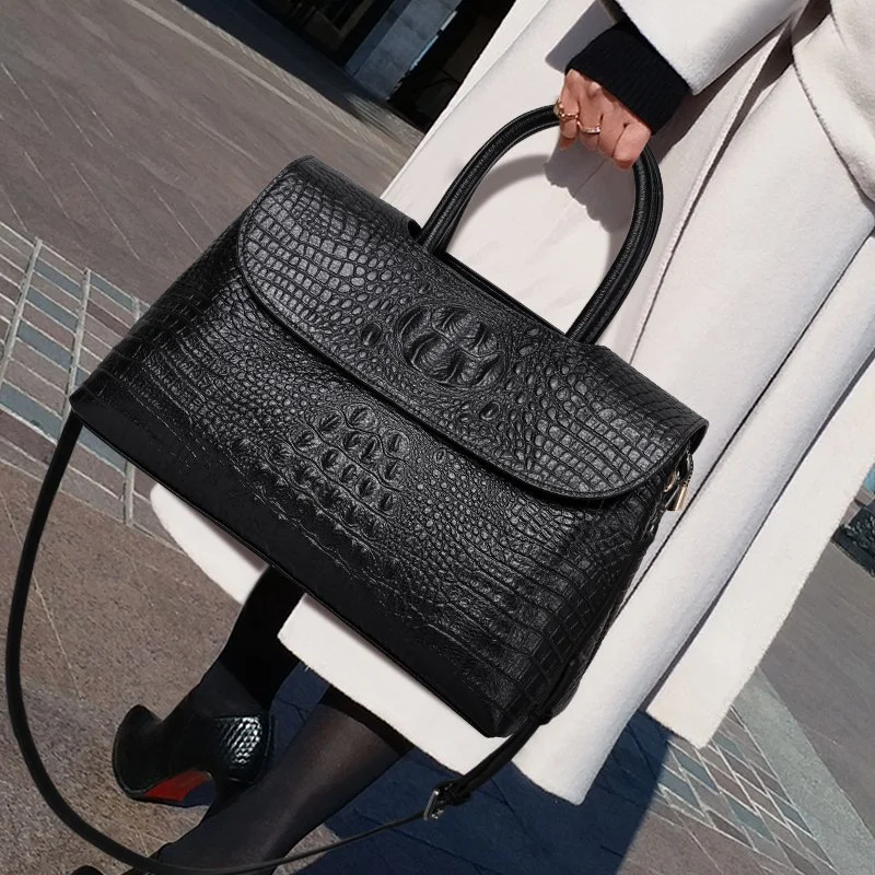 High-End Women's Crocodile Pattern Leather Briefcase Handbag