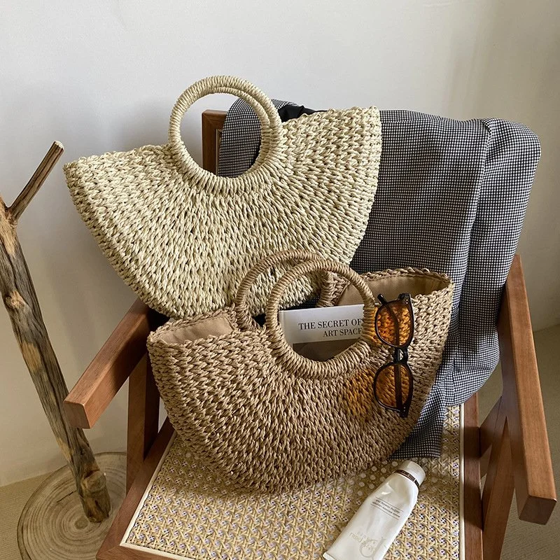 Vintage Woven Straw Moon Handbag