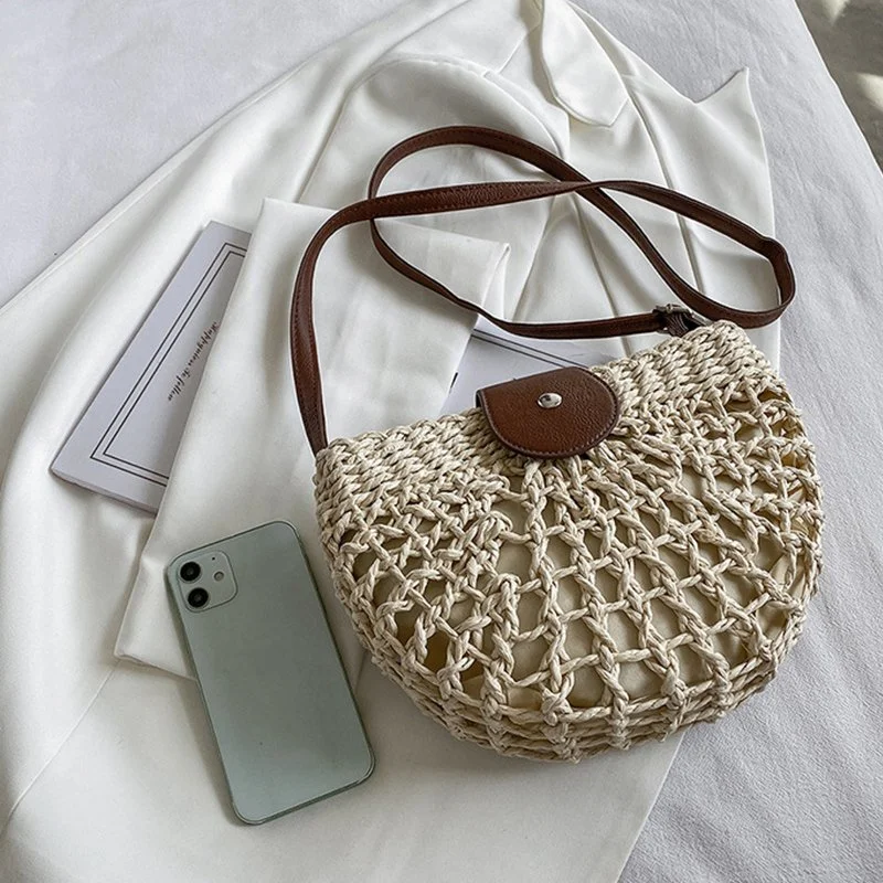 Handmade Straw Half Moon Crossbody Bag