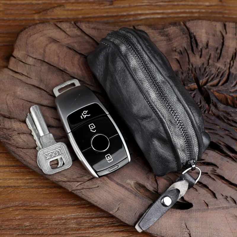 Genuine Leather Car Key Holder Wallet with Zipper – Unisex Cowhide Case
