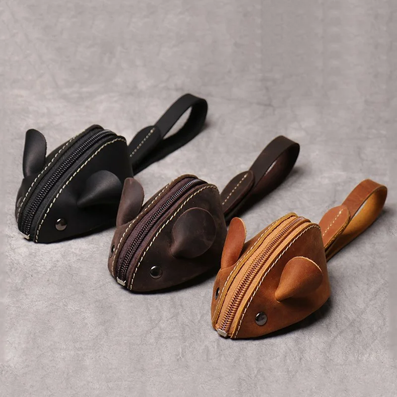 Genuine Leather Mouse Coin Purse – Cute Zipper Key & Change Bag for Kids & Adults