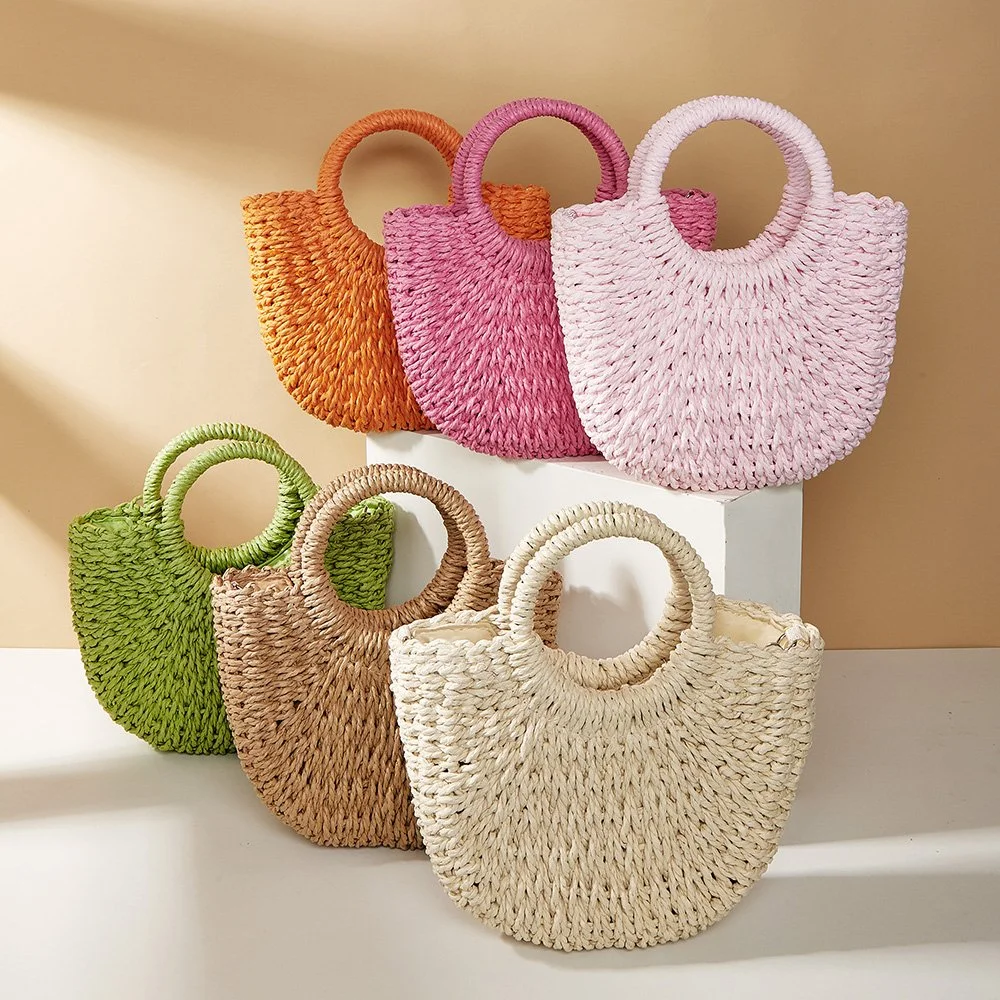 Boho Straw Moon Bag – Handmade Summer Beach Handbag for Women