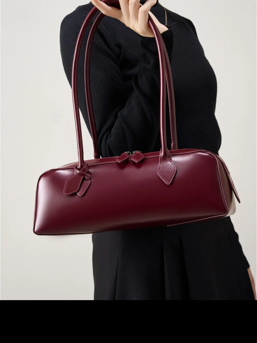 Luxury Genuine Leather Women's Shoulder Baguette Bag - Soft Cowhide Handbag