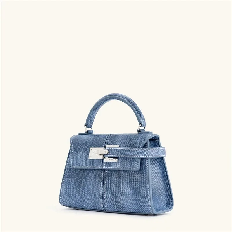 Denim Blue Small Leather Crossbody Tote – Classic Square Shoulder Bag