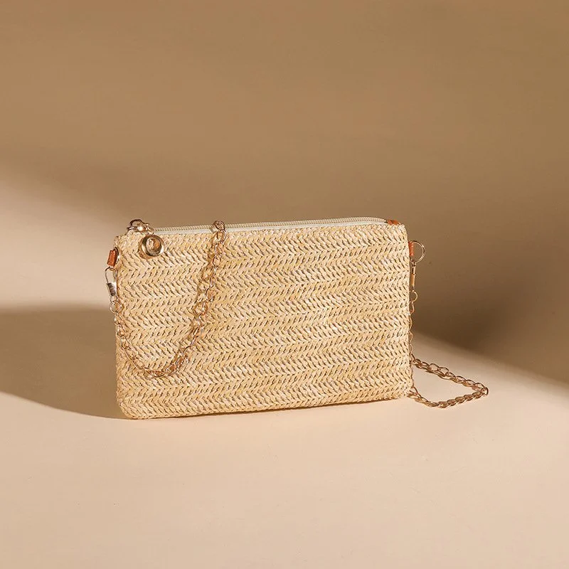 Summer Straw Crossbody Bag with Chain Strap