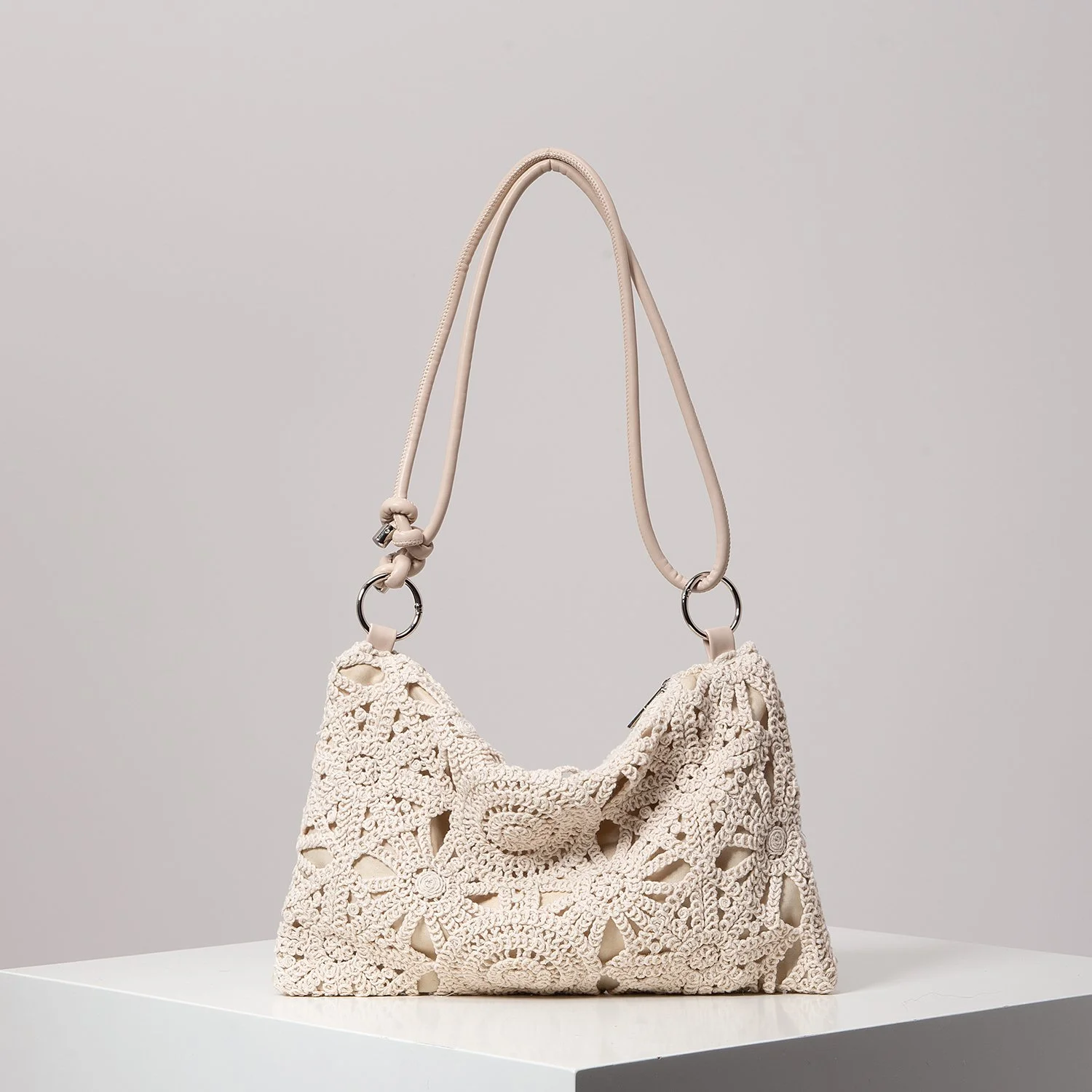 Boho Hollow Knit Shoulder Tote – Woven Beach Bag for Women