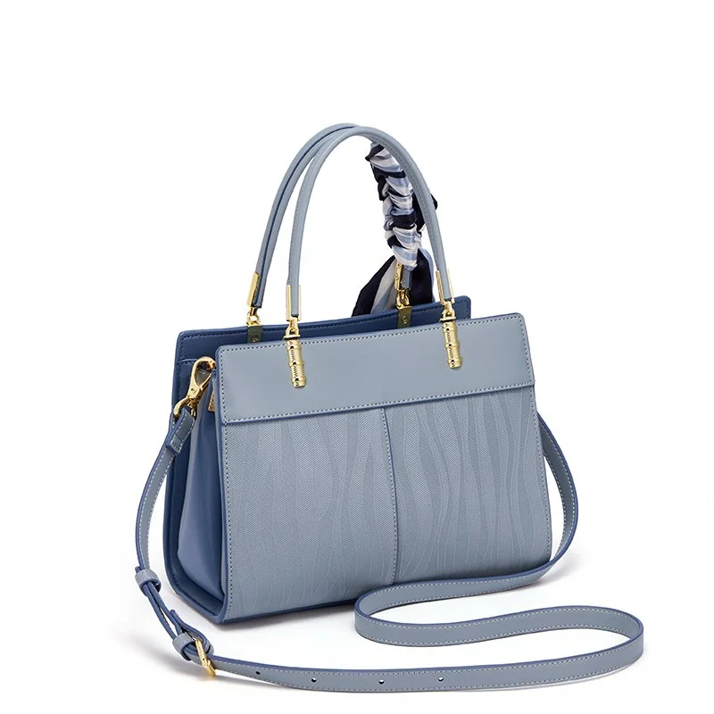 Elegant Blue Leather Tote Bag with Scarf – Large Capacity Shoulder Handbag