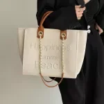 Elegant Beaded Pearl Canvas Tote – Large Capacity Designer Shoulder Bag
