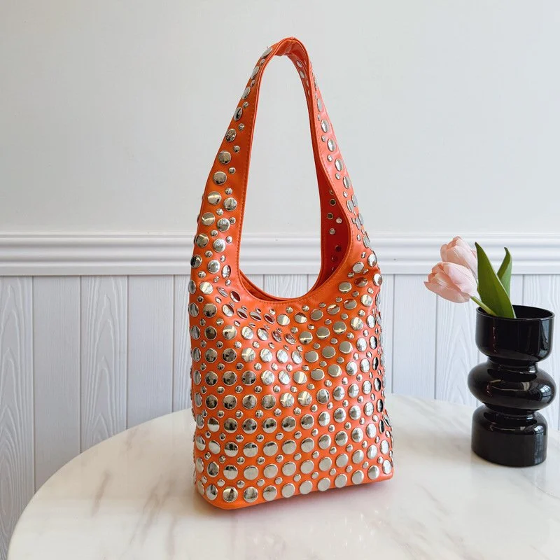 Women’s Studded PU Leather Bucket Shoulder Bag