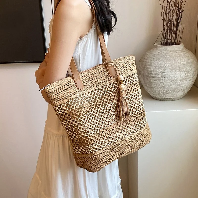 Summer Straw Shoulder Bag for Women - Handmade Woven Beach Tote