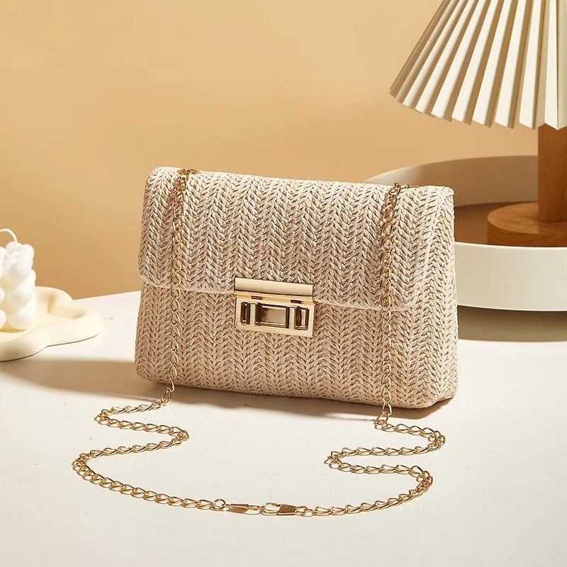 Women’s Straw Crossbody Bag with Chain Strap