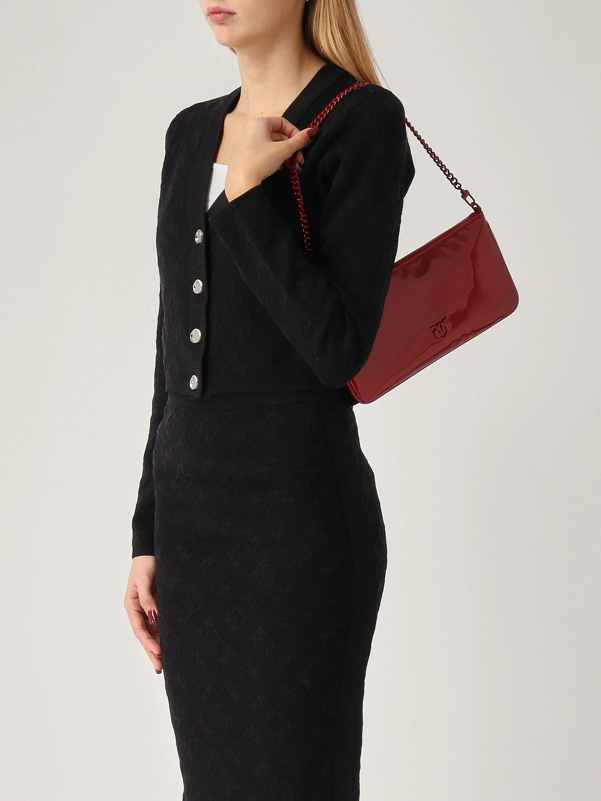 Pinko Love Birds Red Patent Clutch Bag with Chain Strap