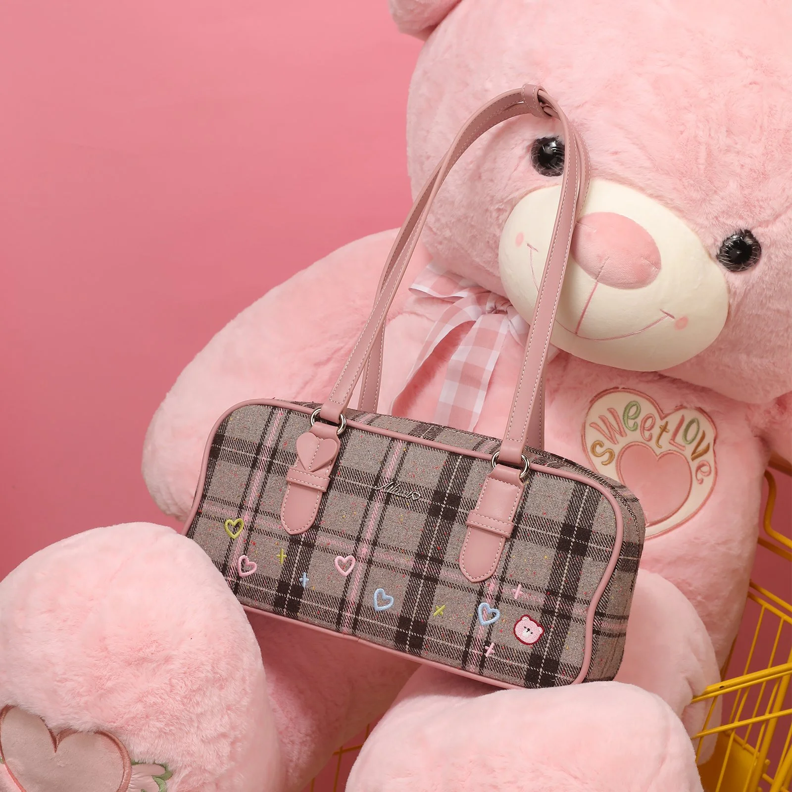 Chic Plaid Wool Underarm Shoulder Bag – Heart Print Satchel for Women