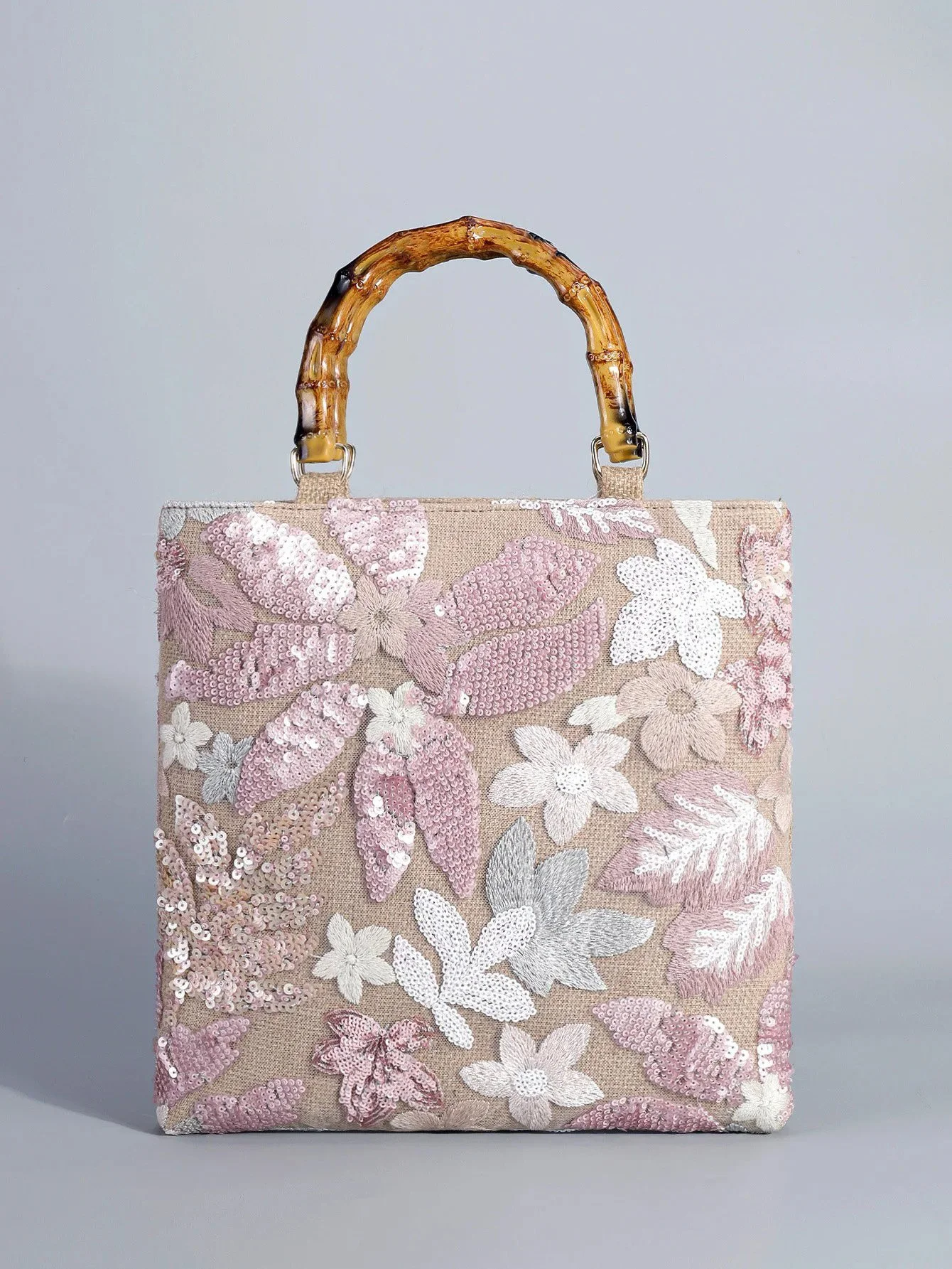 Sequin Embroidered Linen Tote Bag with Bamboo Handle – Summer Beach Purse