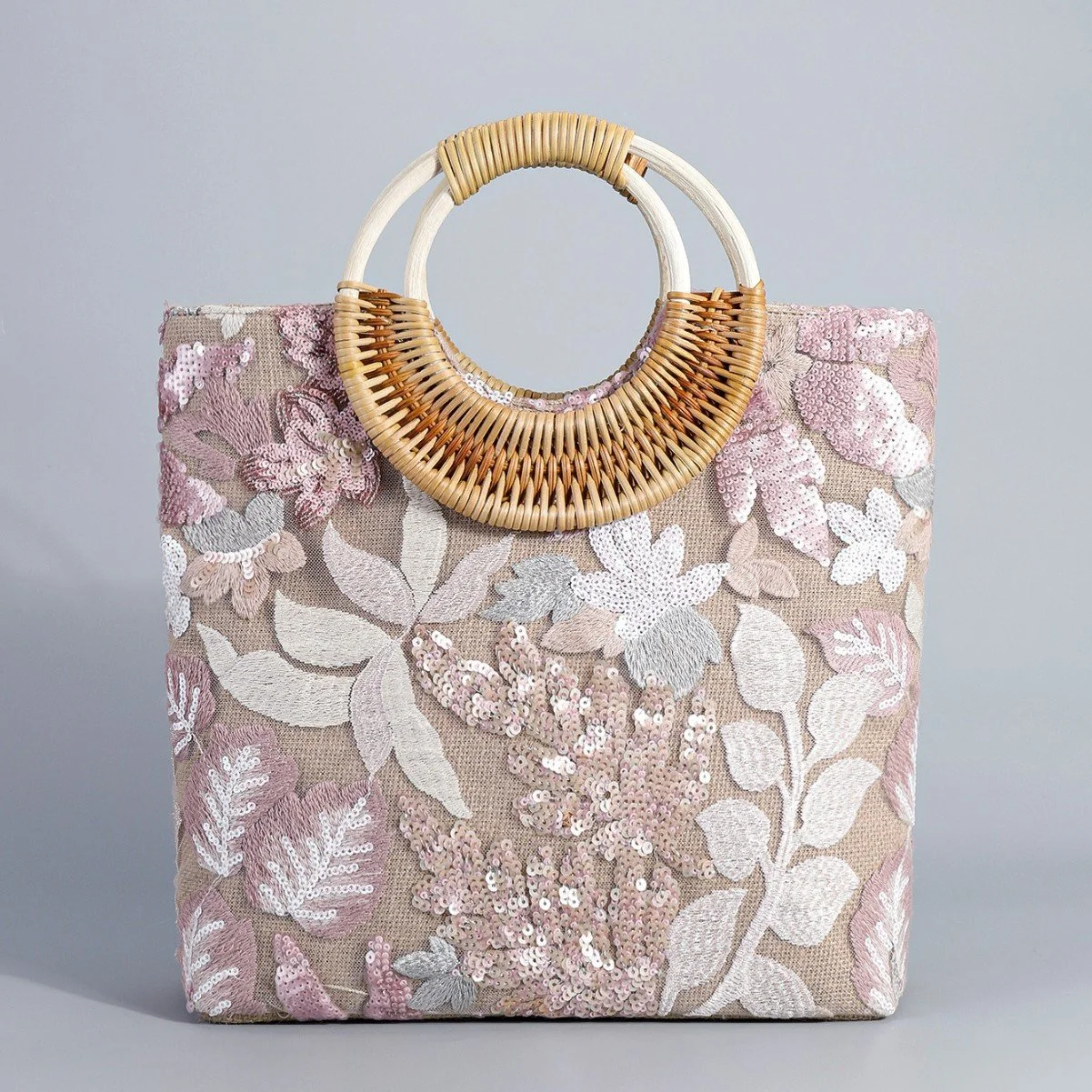 Summer Floral Sequin Embroidered Tote Bag with Wooden Handle