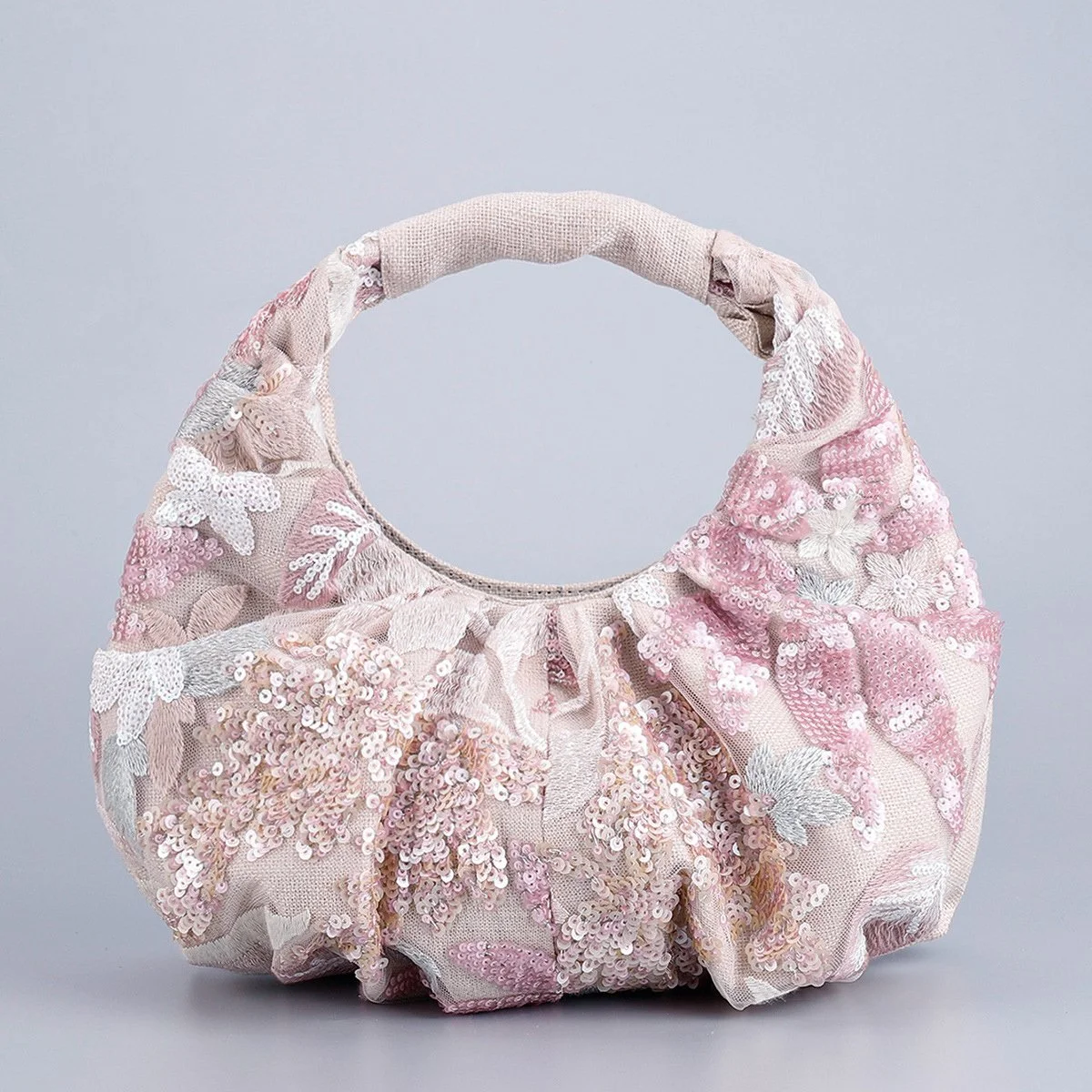 Sequin Embroidered Floral Summer Tote – Cute Ruched Half Moon Beach Bag