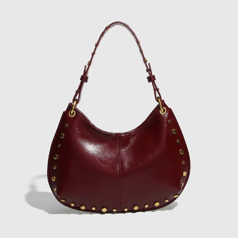 Luxury Rivet Chain Half Moon PU Leather Crossbody Shoulder Bag for Women