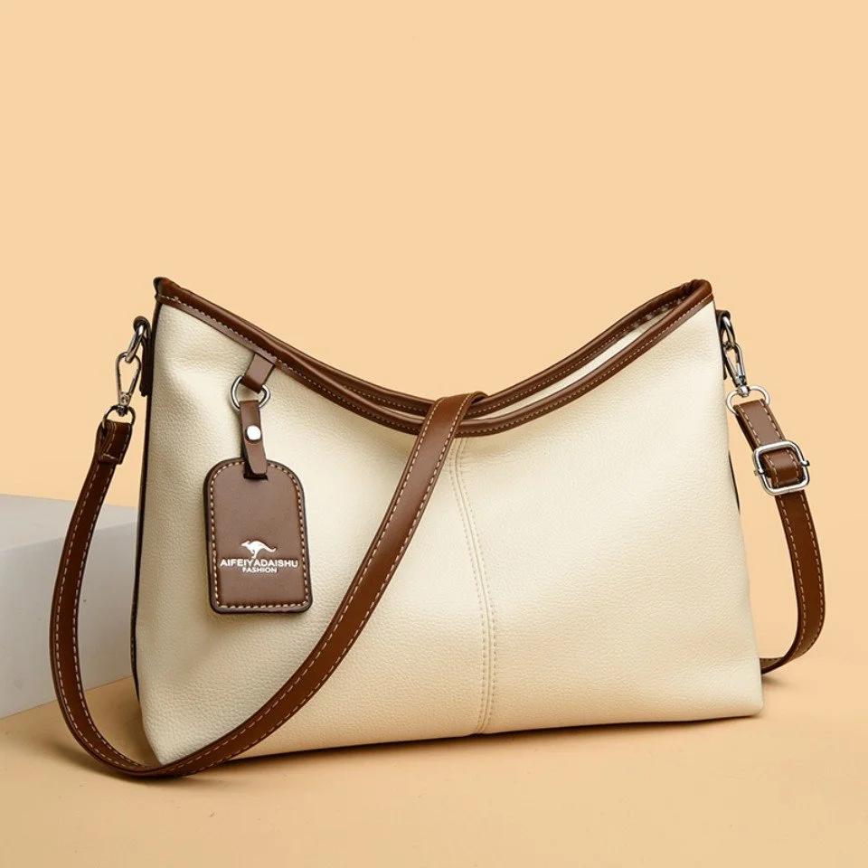 Soft PU Leather Color Contrast Shoulder Handbag with 2 Straps for Women