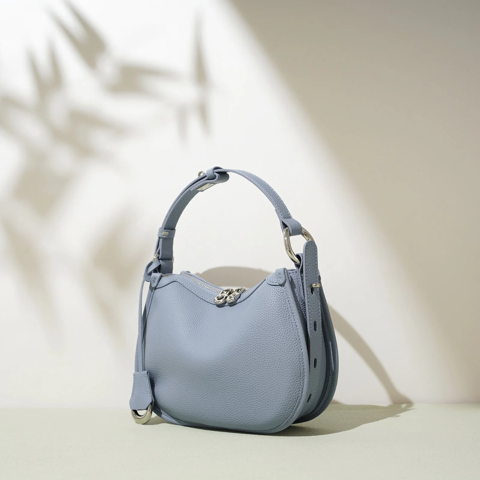 Minimalist Blue Cowhide Leather Saddle Shoulder Bag for Women