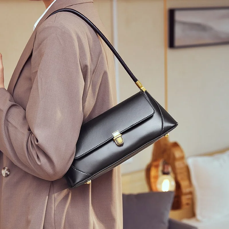 Genuine Leather Baguette Shoulder Bag for Women