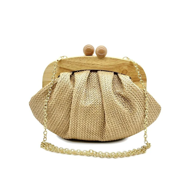 Elegant Ruched Straw Clutch – Woven Shell Crossbody Shoulder Bag for Women