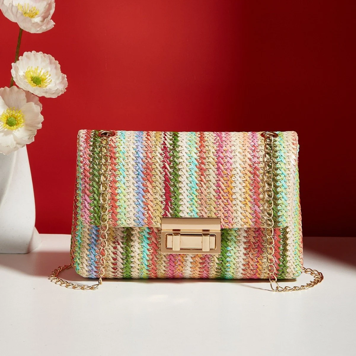 Women's Woven Straw Crossbody Bag with Lock Buckle – Chic & Casual Purse