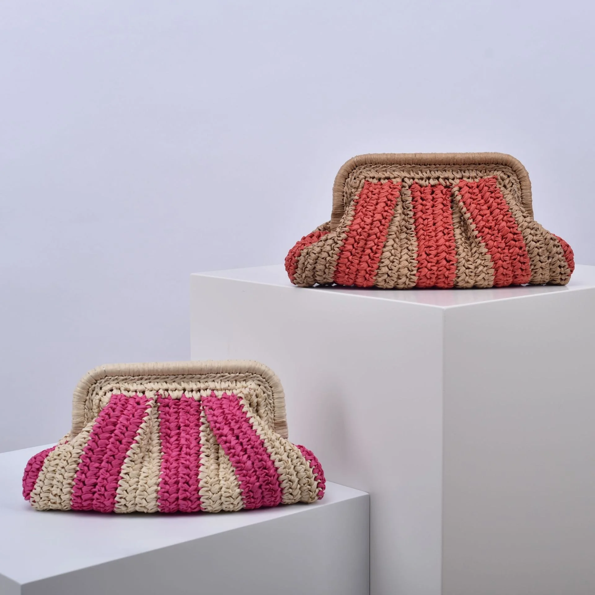 Striped Straw Clutch Crossbody Bag – Handmade Summer Beach Purse for Women