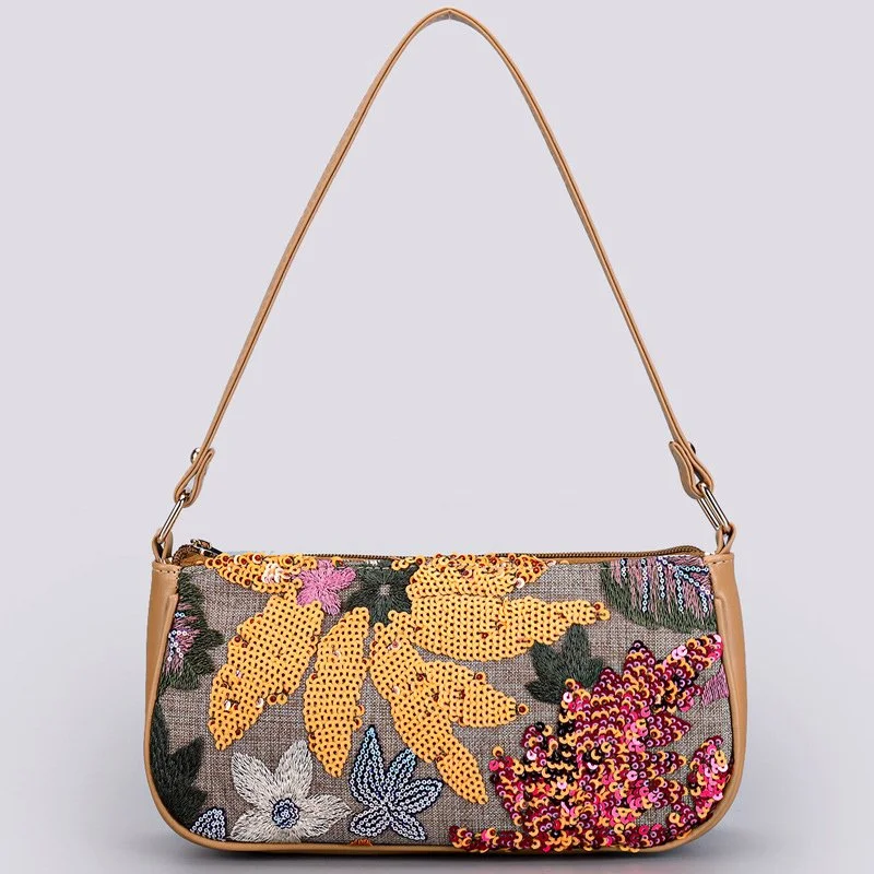 Sequin Embroidered Floral Shoulder Bag – Summer Linen Underarm Handbag