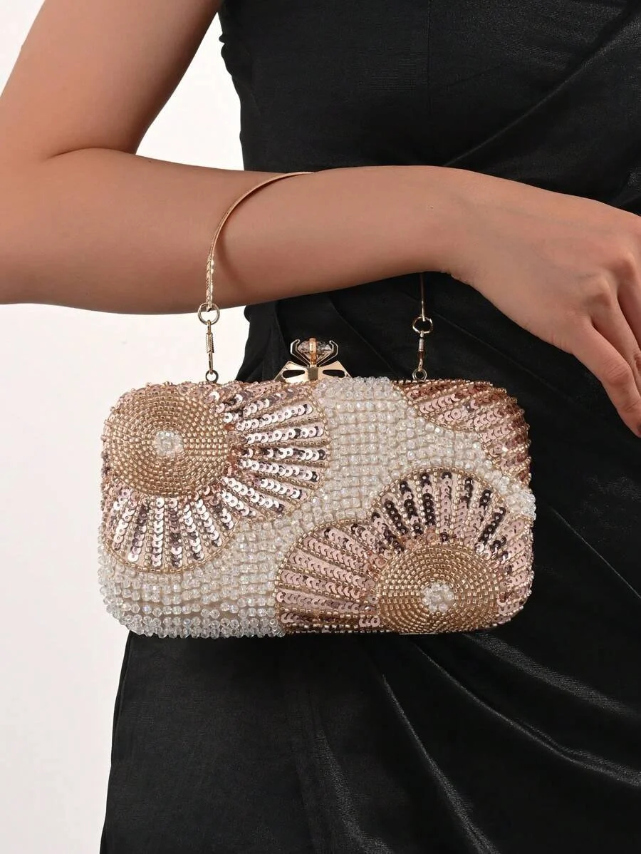 Elegant Diamond Beaded Evening Clutch Bag with Chain for Women