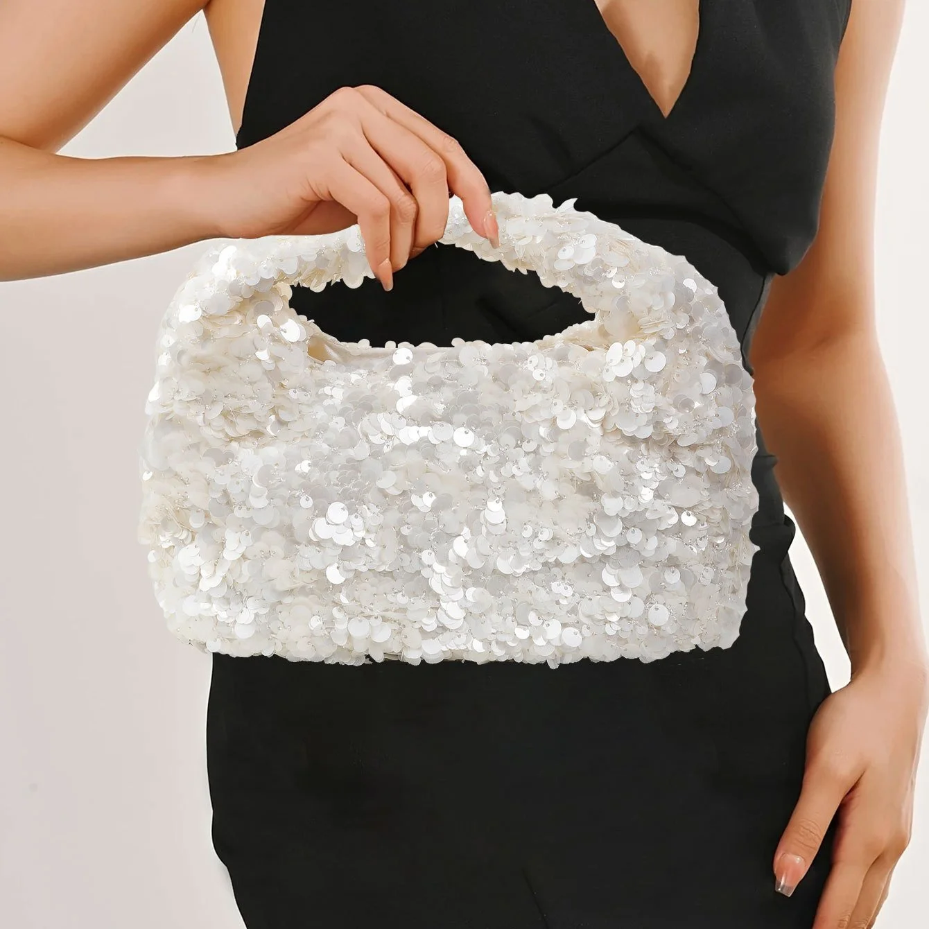 White Sequin Hobo Evening Bag – Sparkly Bucket Clutch for Wedding & Party