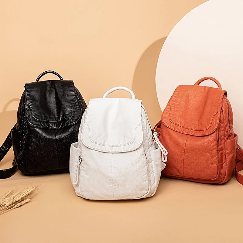 Women's White Washed Leather Small Backpack – Casual & Travel Ready