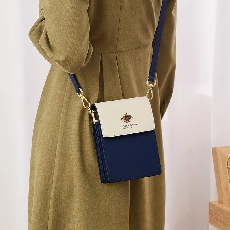 Bee Print Leather Shoulder Bag - Women's Crossbody Phone Purse