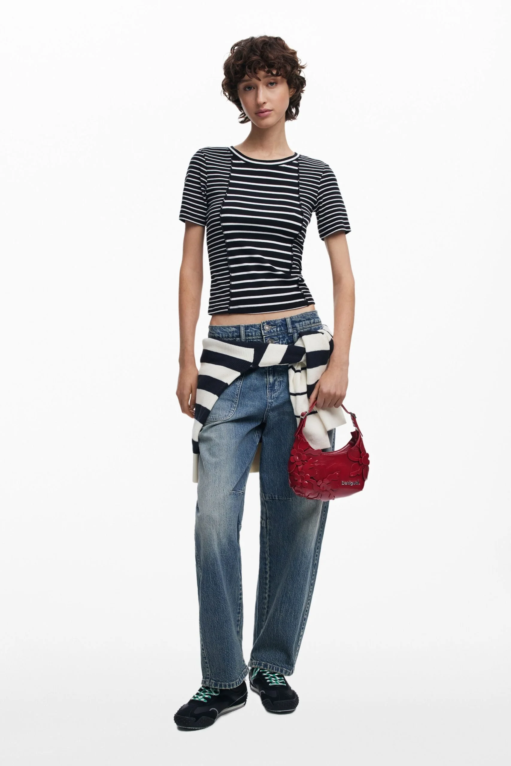 Desigual Small Red Faux Leather Shoulder Bag with Floral Appliqués