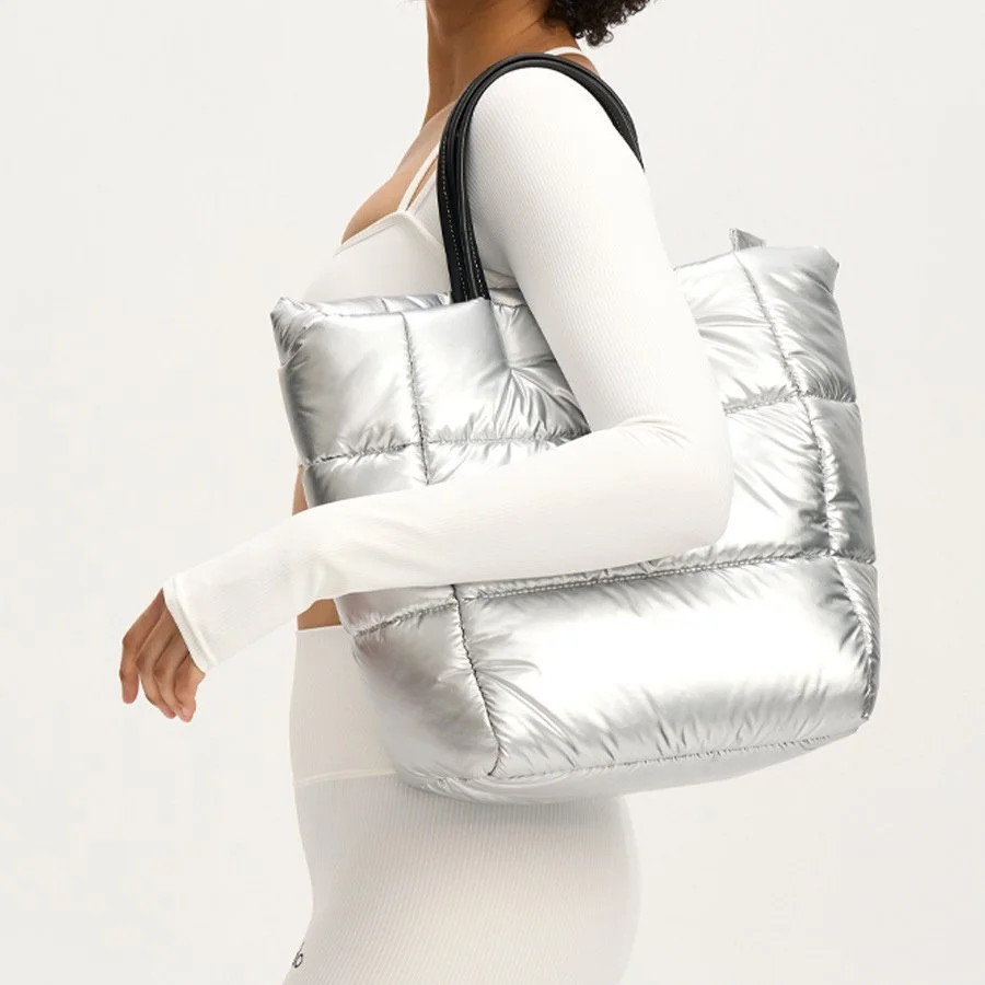 Fashionable Silver Puffer Tote Bag - Stylish Quilted Handbag for Women