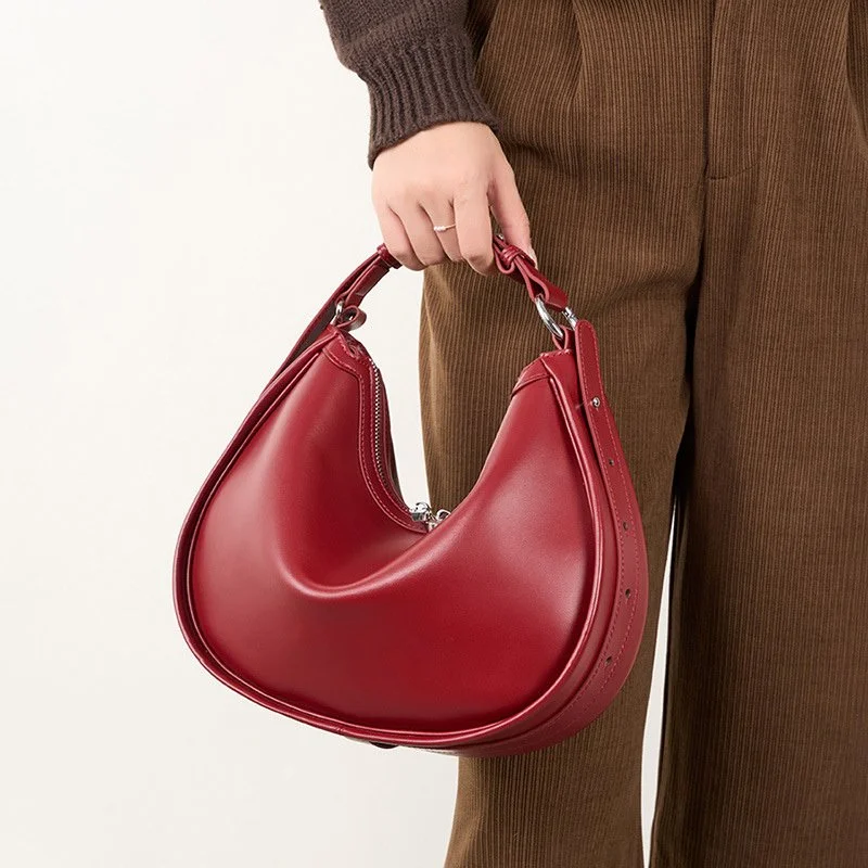 Vintage Leather Half Moon Shoulder Bag for Women