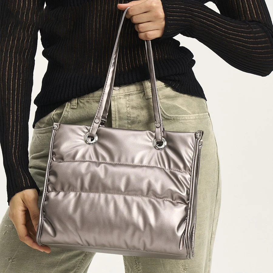 Luxury Quilted PU Leather Puffer Tote Bag – Silver Shoulder Handbag