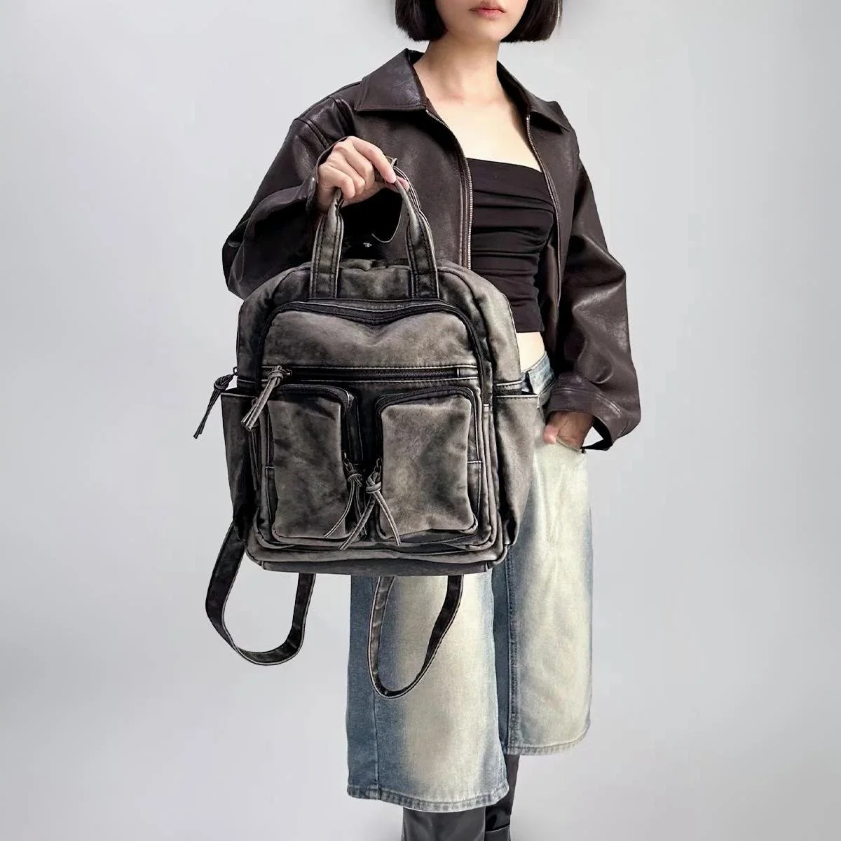 Vintage Soft PU Leather Backpack with Multiple Pockets – Trendy College Bag