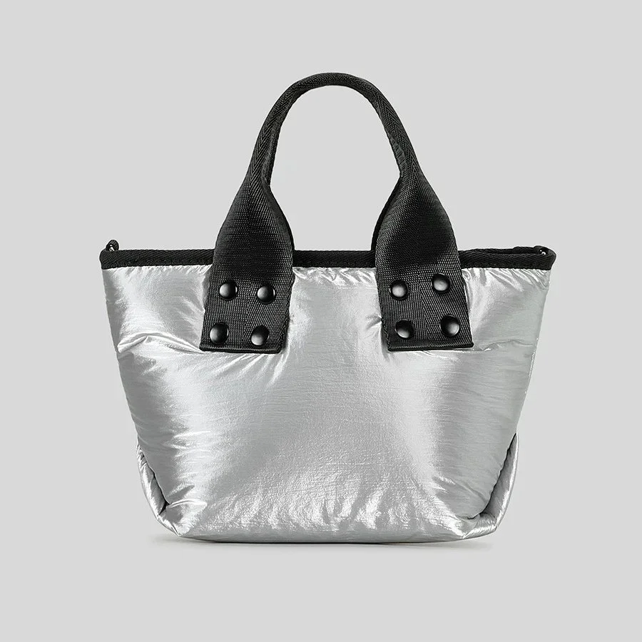Silver Padded Nylon Puffer Tote Bag – Lightweight Casual Crossbody Purse