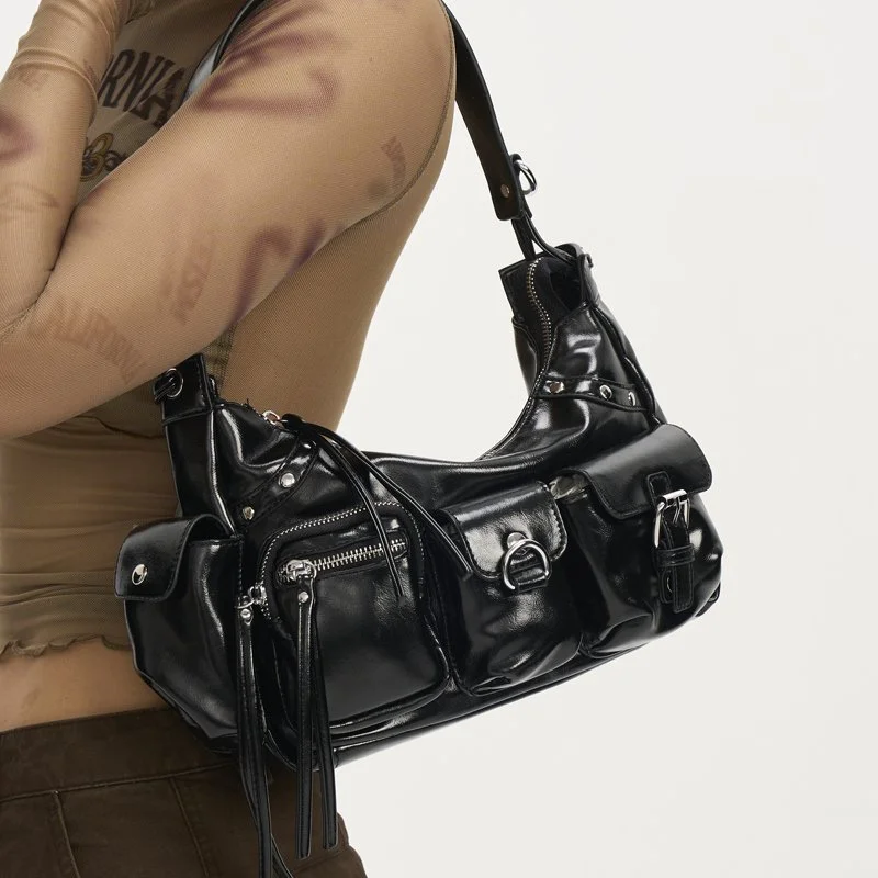 Vintage Rivet Motorcycle Bag - Stylish Soft PU Leather Handbag with Tassels