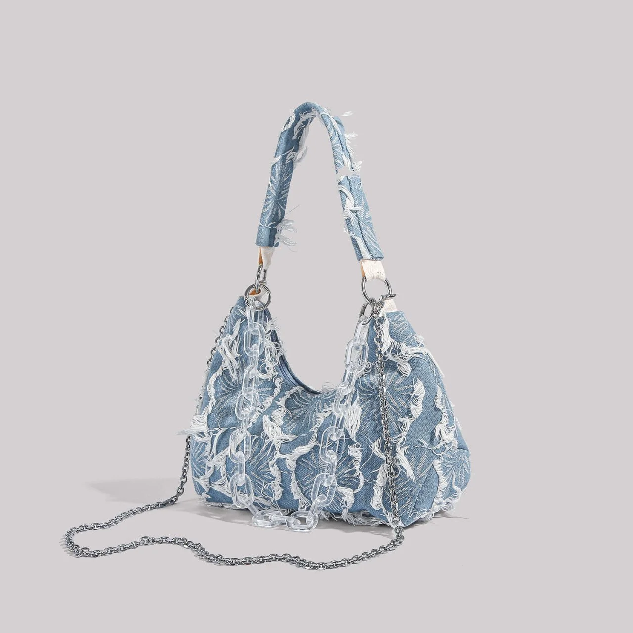 Stylish Denim Underarm Bag with Acrylic Chains - Chic Crossbody Purse