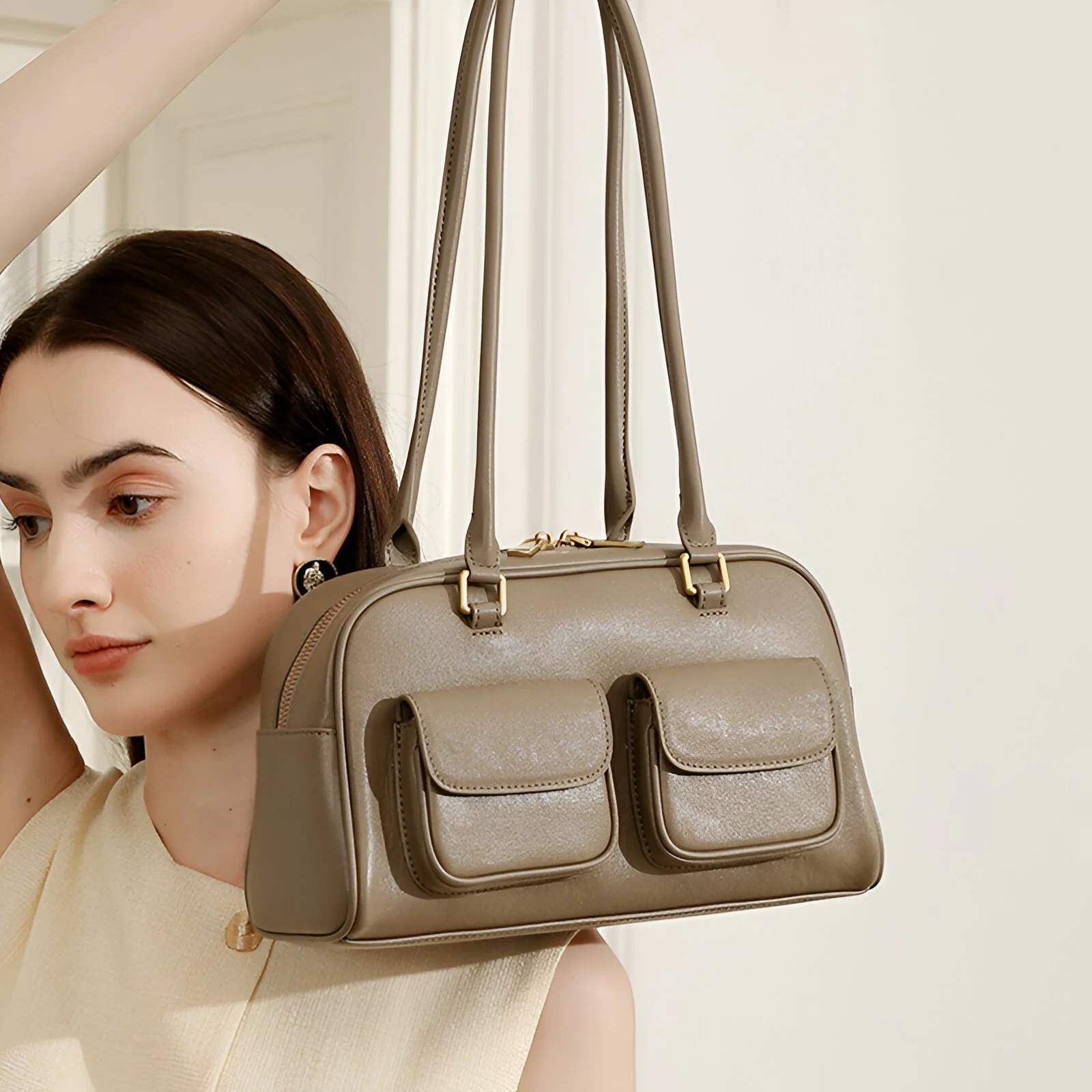 Luxury Cowhide Leather Shoulder Bag – Soft Baguette Underarm Tote
