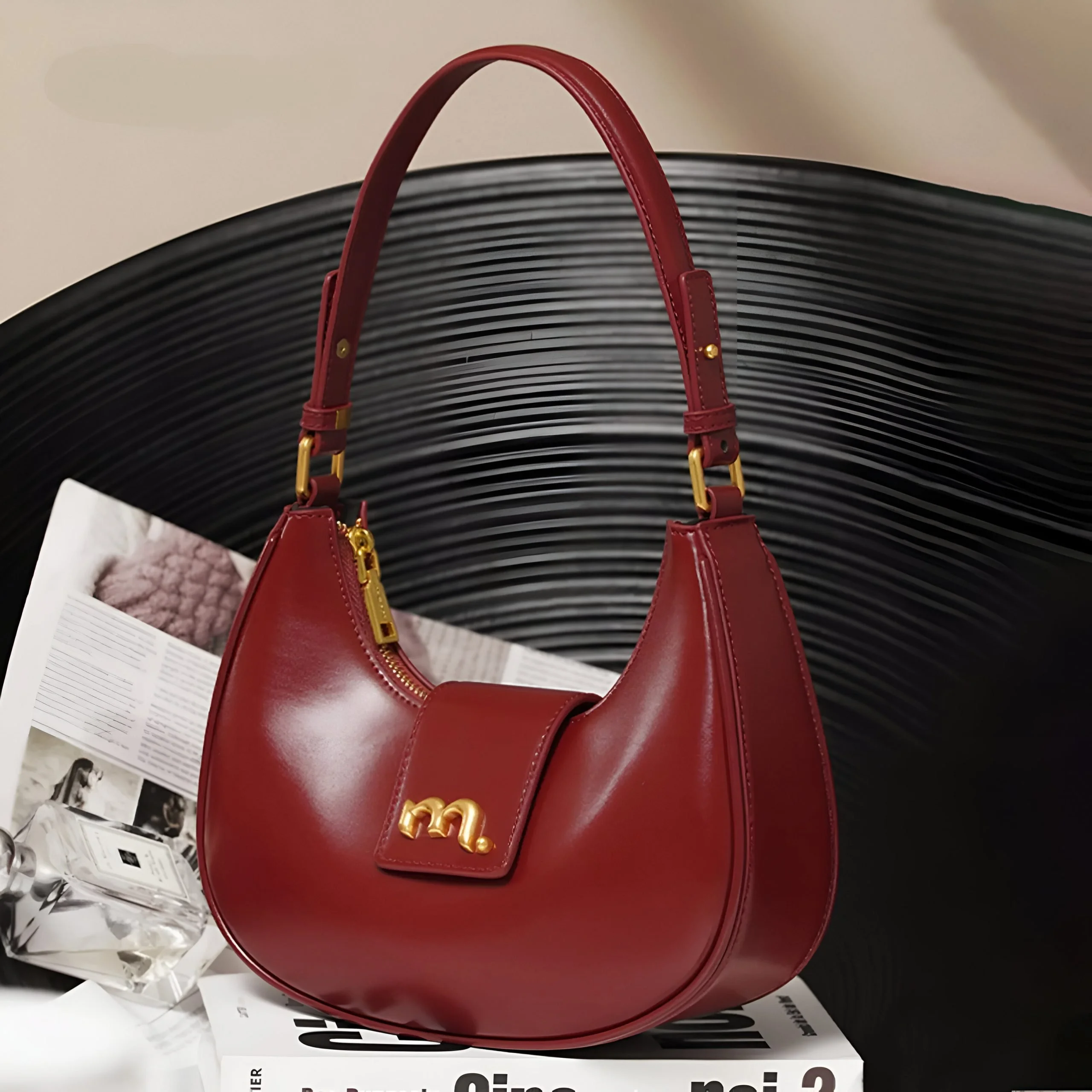 Red Leather Underarm Half Moon Bag – Crossbody & Shoulder Versatile Gift