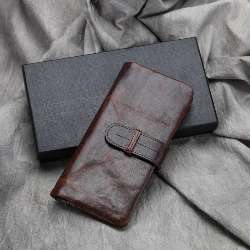 Long Retro Leather Wallet – Genuine Oil Wax Cowhide Clutch Purse