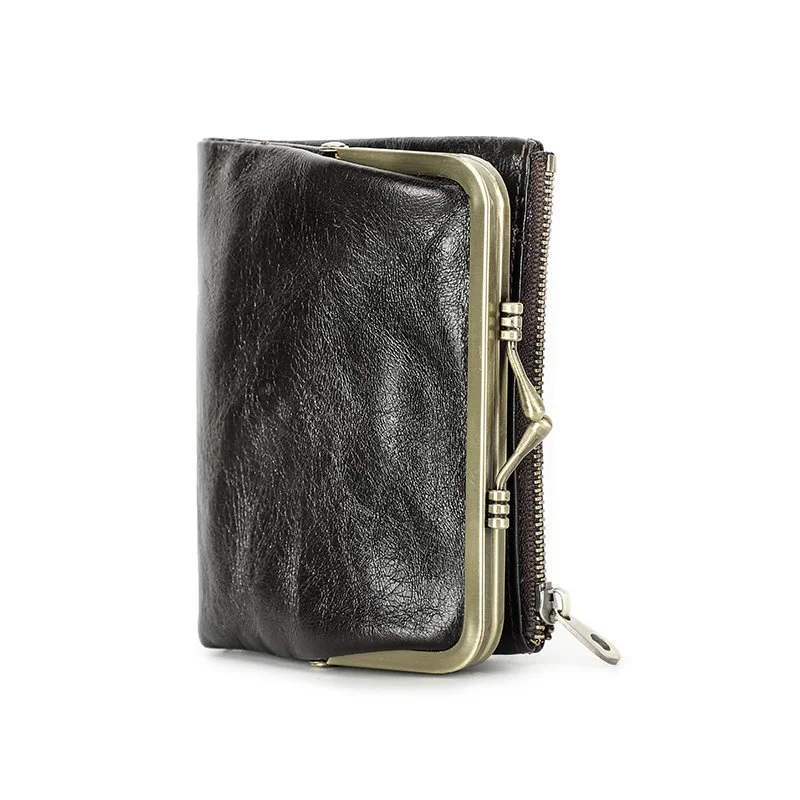 Genuine Leather Women’s Small Wallet with Metal Frame, Hasp & Zipper Coin Pocket