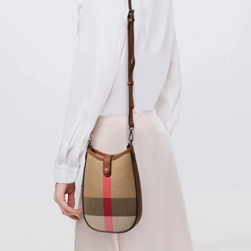 Mini Leather Canvas Plaid Crossbody Bag – Half Moon Cell Phone Purse