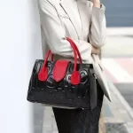 Black and Red Genuine Leather Tote – Alphabet Embossed Color Block Design