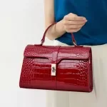 Glossy Croc-Print Leather Satchel with Elegant Lock Closure